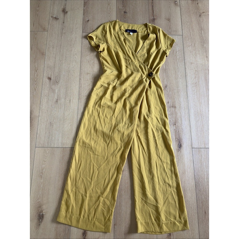 Francesca's Blue Rain Mustard Yellow Sz Medium V Neck Lightweight Pants Romper